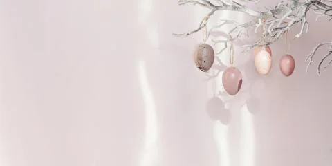 Tree branch with Easter eggs on pink background with sunlight and shadows Stock-Fotos