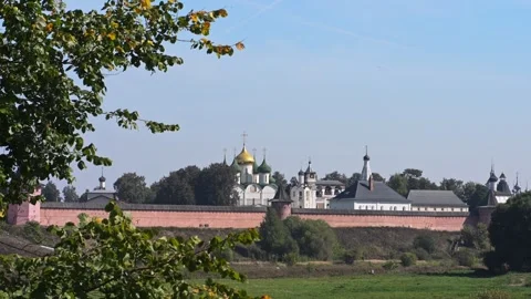 Tree branch gently swaying in breeze by russian orthodox monastery Vídeo Stock 288948187
