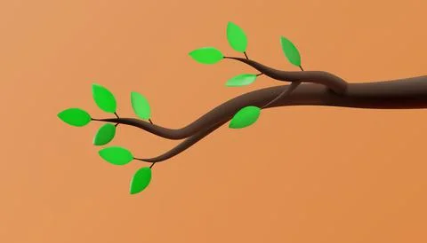 Tree branch with green leaves in cartoon style. 3D illustration. Vector Stock Illustration