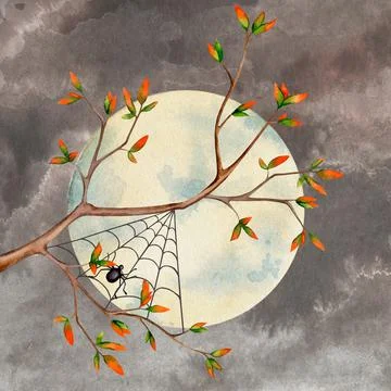 A tree branch with a spider against the background of the moon Illustrazione stock