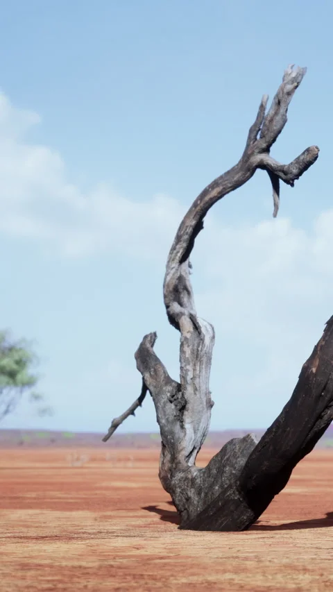 Tree branch stands in dry landscape under blue sky with clouds Stock Footage 337958095