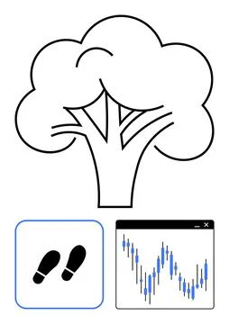 Tree with branches and leaves, black footprints, stock market chart. Ideal fo Stock Illustration