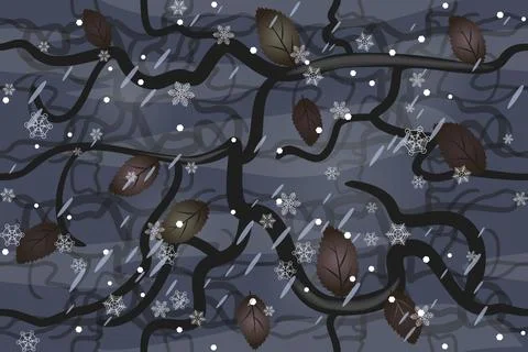 Tree branches on a background of a dark sky, snow and rain, seamless pattern Stock Illustration