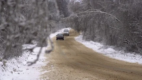 Tree branches bent under the weight of snow and ice over the road Stock Footage 71655658
