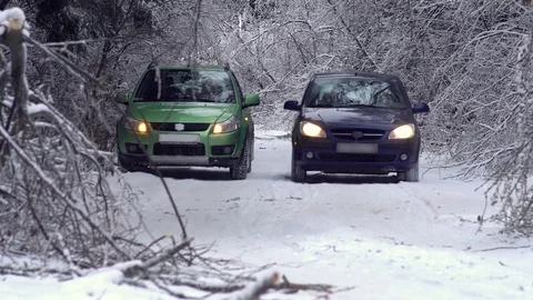 Tree branches bent under the weight of snow and ice over the road Stock Footage 71656887