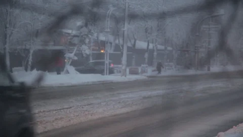 Tree branches. buses. snow-covered streets in the city. defocus. refocus. car Stock Footage 126596365