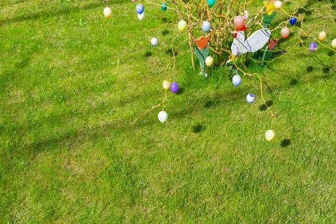 Tree branches with colorful easter eggs hanging on green grass background, .. Foto stock