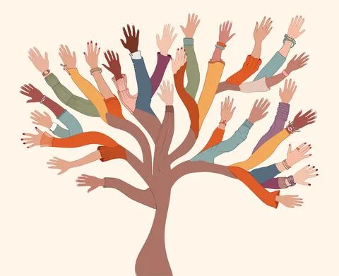Tree with branches made of human hands and arms.Community. People diversity Stock Illustration