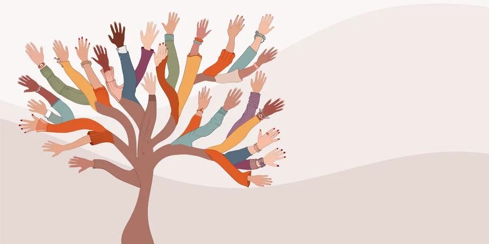 Tree with branches made of human hands and arms. Community. Diversity. Banner Stock Illustration