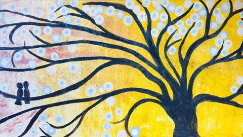 Tree branches on the old wall in the background Stock Photos