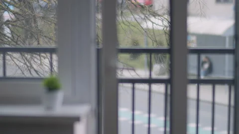 Tree branches outside the window, open balcony door, blurred background Stock Footage 155655076