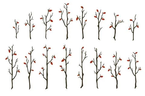 Tree branches set. Hand drawn bare wood sticks with few red leaves vector Stock Illustration