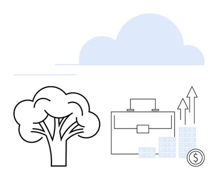 Tree, briefcase, coin stacks with growth arrows, and cloud. Ideal for environ Stock Illustration