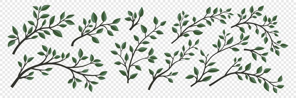 Tree Brunch Icon Set Isolated. Flat Cartoon Simple Twig with Green Leaves Stock Illustration