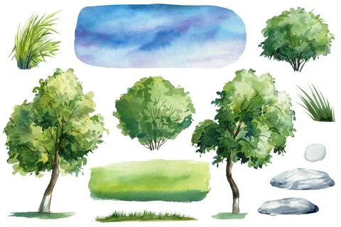 Tree, bush, grass, stone and sky isolated background. Watercolor painting green Stock Illustration