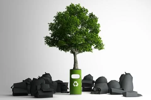 Tree can grow up on recycling bins. Surrounded by a lot of rubbish and trash  Stock Illustration