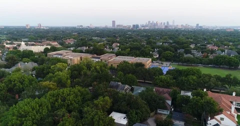 Tree canopy and the Dallas skyline on a hazy horizon Stockbeeldmateriaal 79873852
