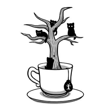 Tree with cats growing inside a cup of tea Stock Illustration