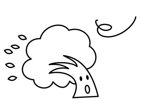 A tree character that is blown by a strong wind. Black and white line drawing Stock Illustration
