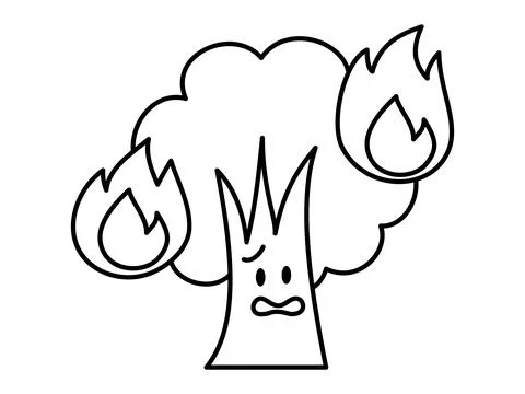 Tree character burning in wildfire. Black and white line drawing. Stock Illustration