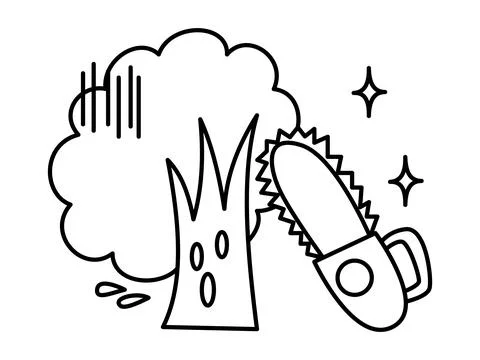 A tree character that is cut down with a chainsaw. Black and white line dra.. Stock Illustration