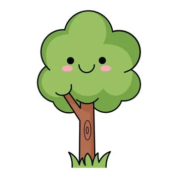 Tree Character with Happy Smiling Face on Grass Flat Vector Illustration Desi Stock Illustration