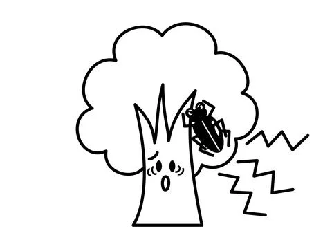 Tree character sickened by pests. Black and white line drawing. Stock Illustration
