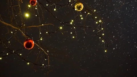 Tree with Christmas decorations on the background of falling snow Stock Footage 103339726