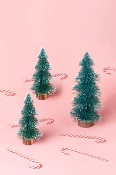 Tree Christmas tree with candy cane on pastel pink studio background.Holiday  Stock Photos
