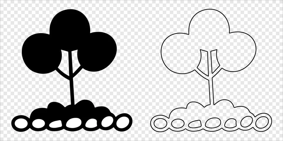Tree with cloud canopy and segmented trunk Silhouette and Outline Stock Illustration