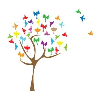Tree with colored birds Stock Illustration