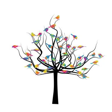 Tree with colored birds isolated on white background Stock Illustration