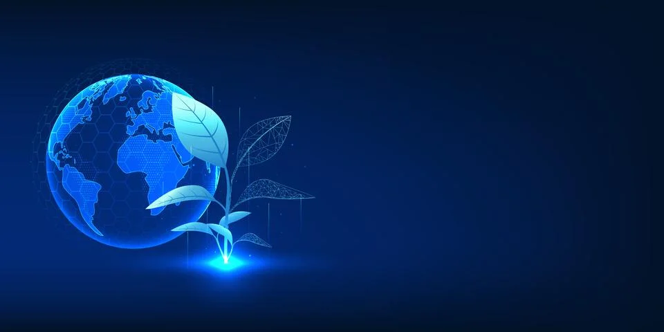 Tree combined with technological elements, with a globe in the background, .. Иллюстрация