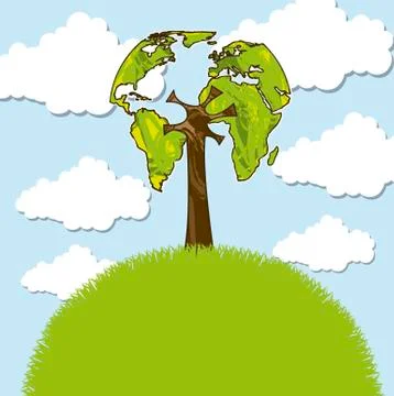 Tree concept over grass and sky, drawing. vector illustration Illustrazione stock