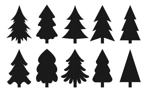 Tree conifer black silhouettes vector flat set Stock Illustration