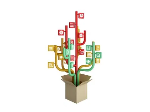 The tree consisting of the icons on the topic of social media. Out of the Box Stock Illustration
