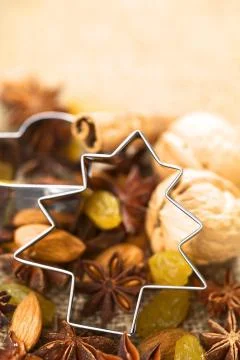 Tree cookie cutter on baking ingredients Stock Photos