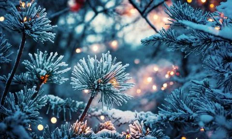 A tree covered in snow with lights on it Иллюстрация