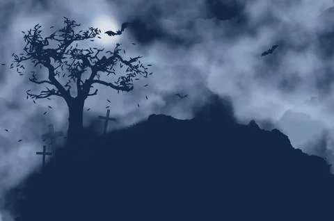 Tree, crosses, bats and moon on a foggy night Stock Illustration