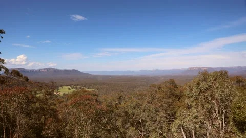 Tree crowns and flying clouds over Capertee valley in Austalia, 4k timelapse Stock Footage 157151646