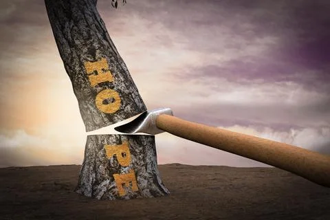 Tree cut by an ax with the word hope on demonstrating lost hope concept. 3D i Illustrazione stock
