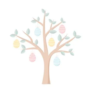 A tree decorated with colorful Easter eggs, isolated on a white background Stock Illustration