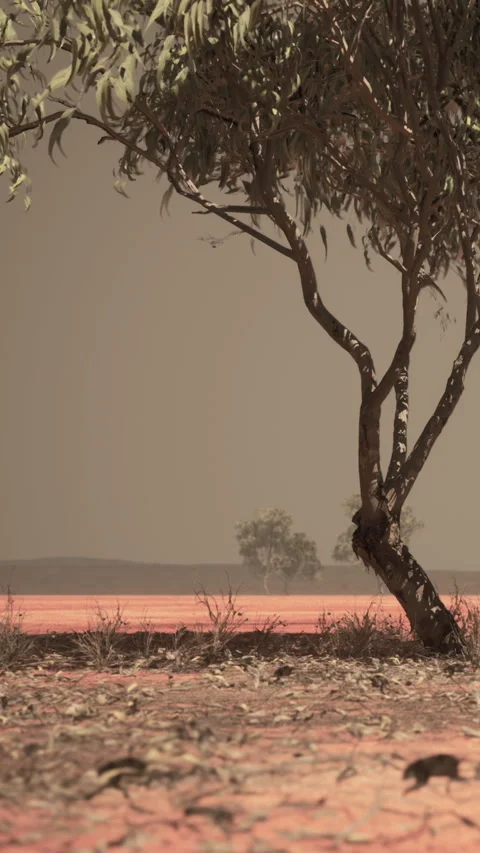 Tree in desert landscape under hazy sky at sunset near remote area Stock Footage 347043952