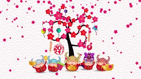 Tree design for Chinese New Year 2021 celebration. Year of the Ox (Chinese trans Stock Footage 142060989