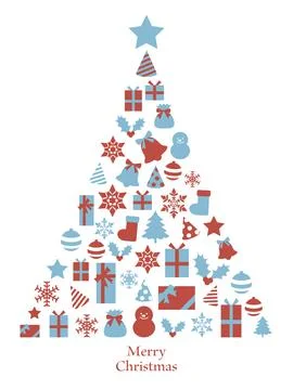 Tree design made of Christmas items. Light blue and red. Stock Illustration