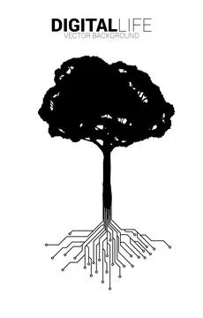 Tree with from digital line connect dot circuit board style. Background conce Stock Illustration
