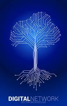 Tree from digital line connect dot circuit board style. Background concept fo Stock Illustration