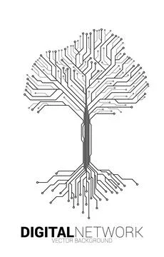 Tree with from digital line connect dot circuit board style. Background conce Stock Illustration