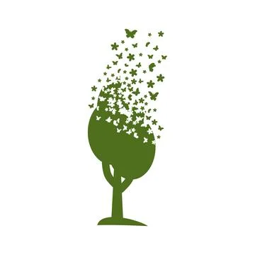 Tree dispersing into a cloud of flowers and butterflies Stock Illustration