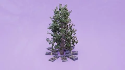Tree with dollar bundles on purple background symbol of financial growth 스톡 일러스트